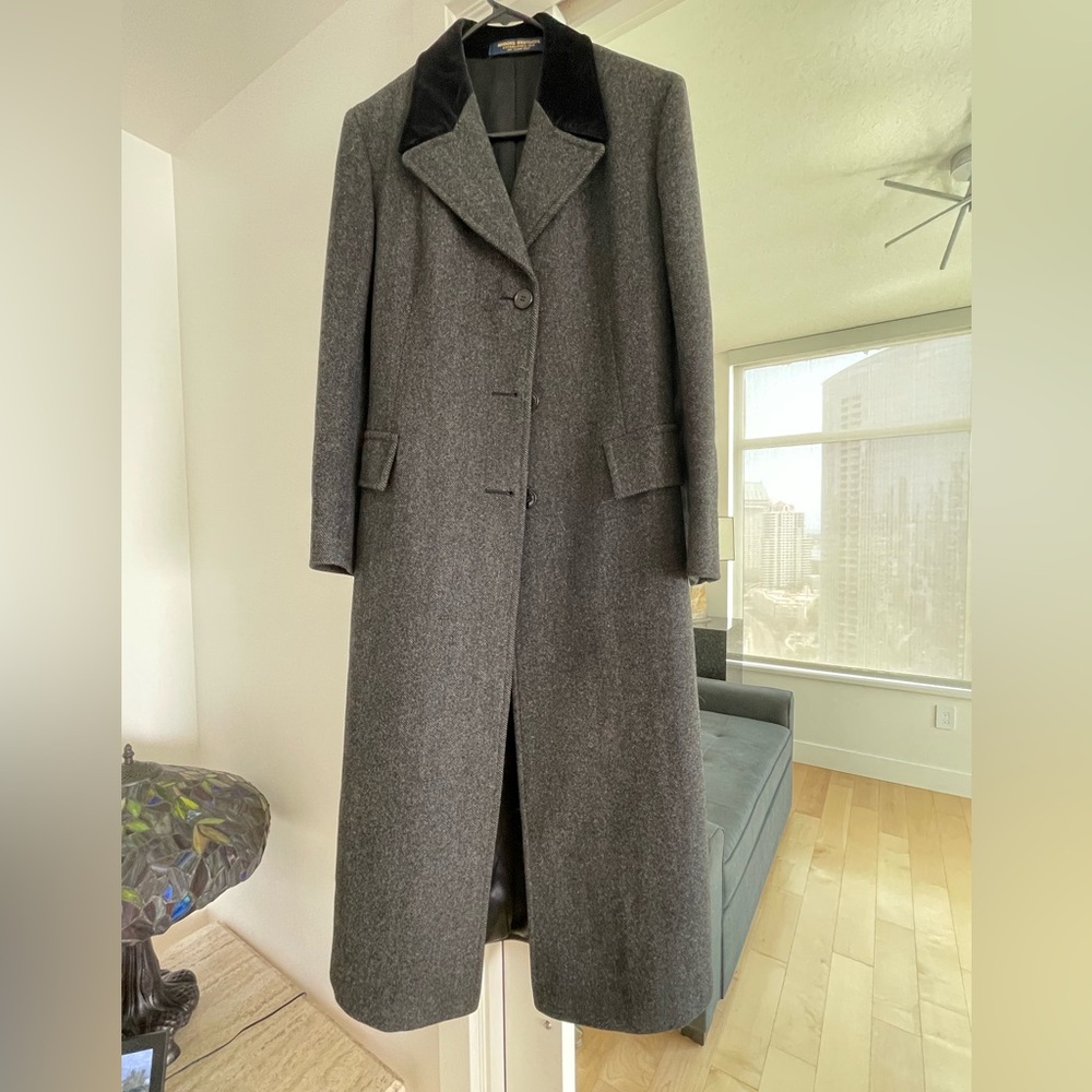 Brooks Brothers Charcoal Wool Coat, herringbone, vintage, chesterfield velvet